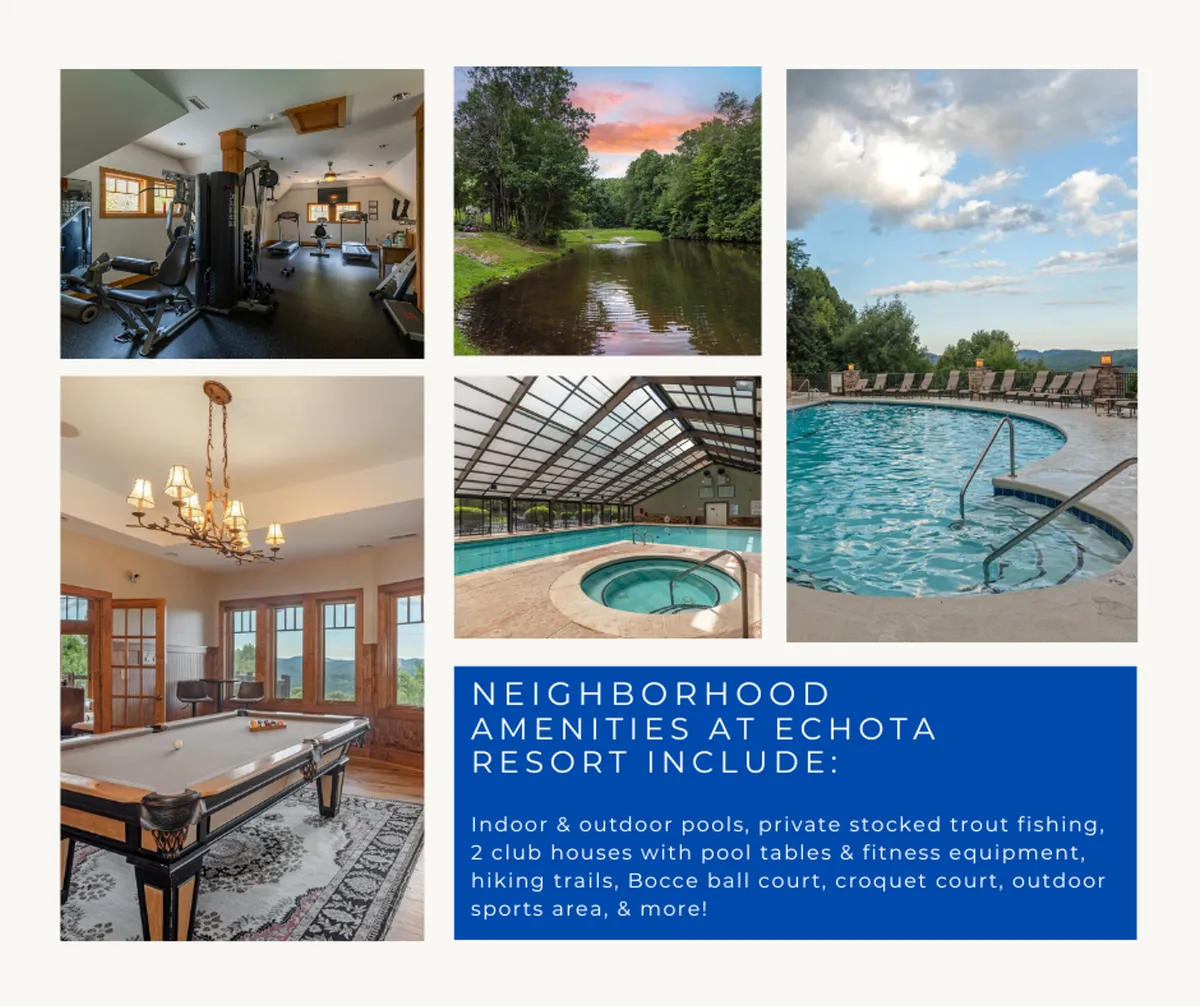 A vibrant clubhouse interior encompassing a variety of amenities, including fitness equipment, a pool table for games, an indoor pool, and a hot tub. Large windows reveal scenic outdoor views, creating a lively yet relaxing atmosphere.